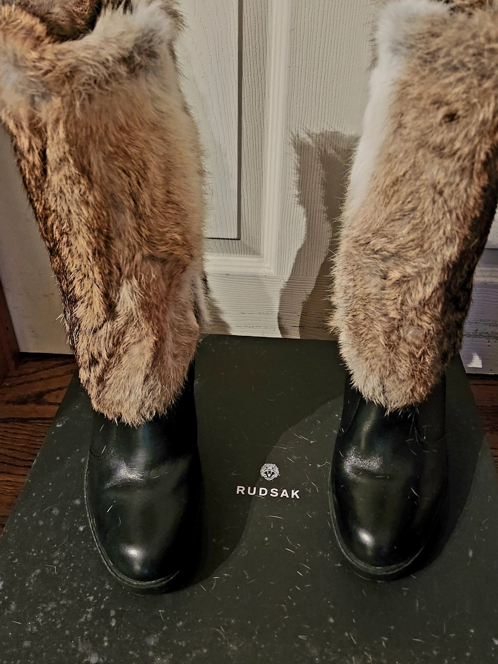 RUDSAK Black Leather Knee Boots with Brown Fur Trim